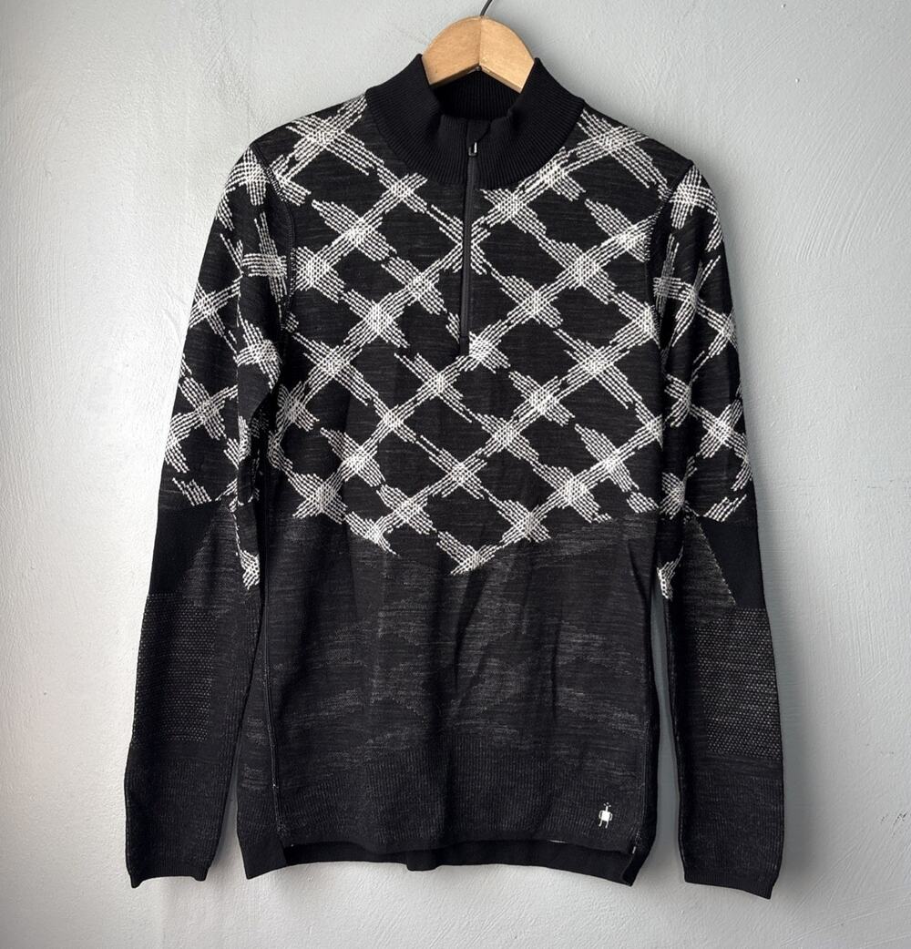 SmartWool Intraknit 200 Pullover Women Size Large 1/4 Zip Black White Base Layer
